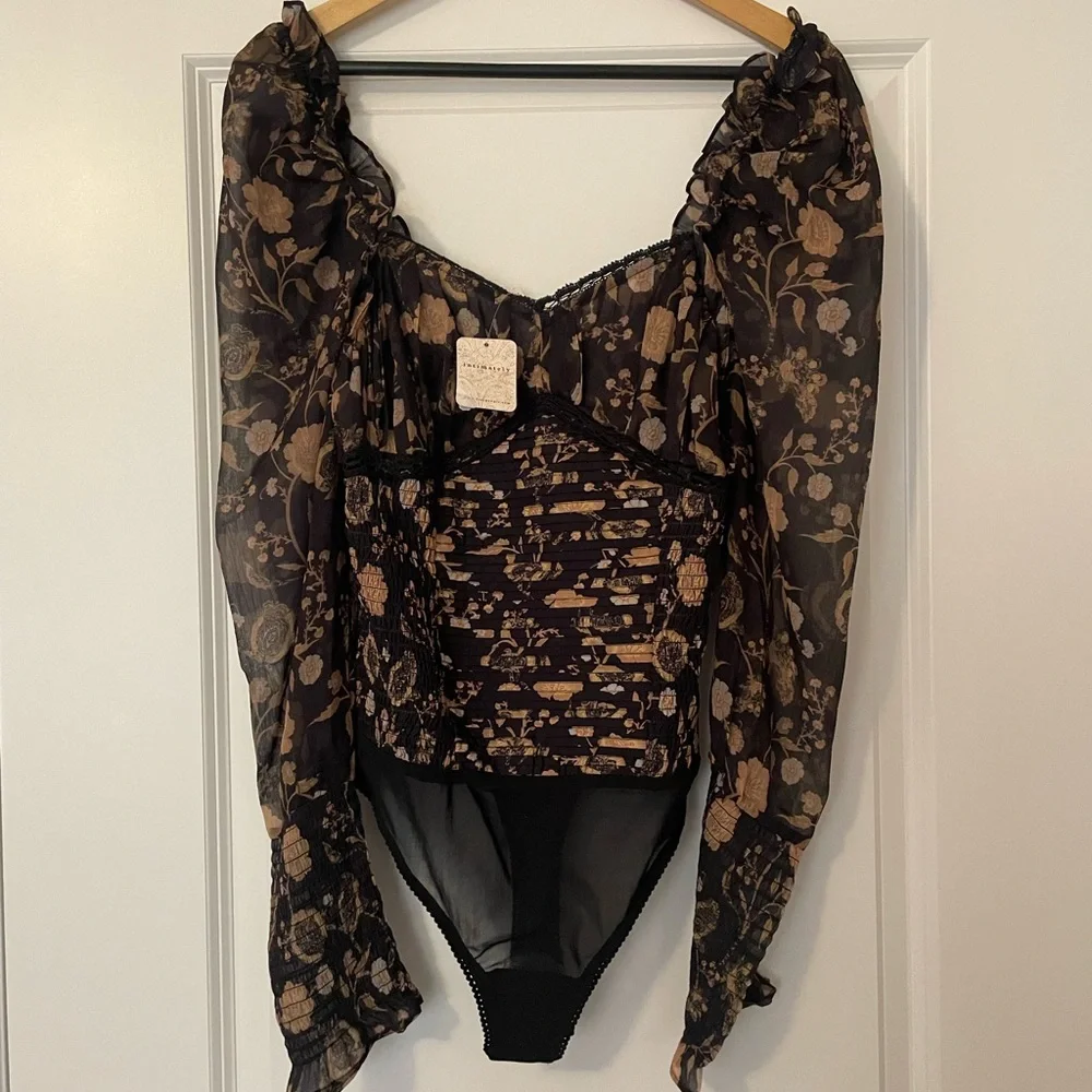 NWT Free People Intimately Brunch Daye Black Combo Floral Sheer Bodysuit